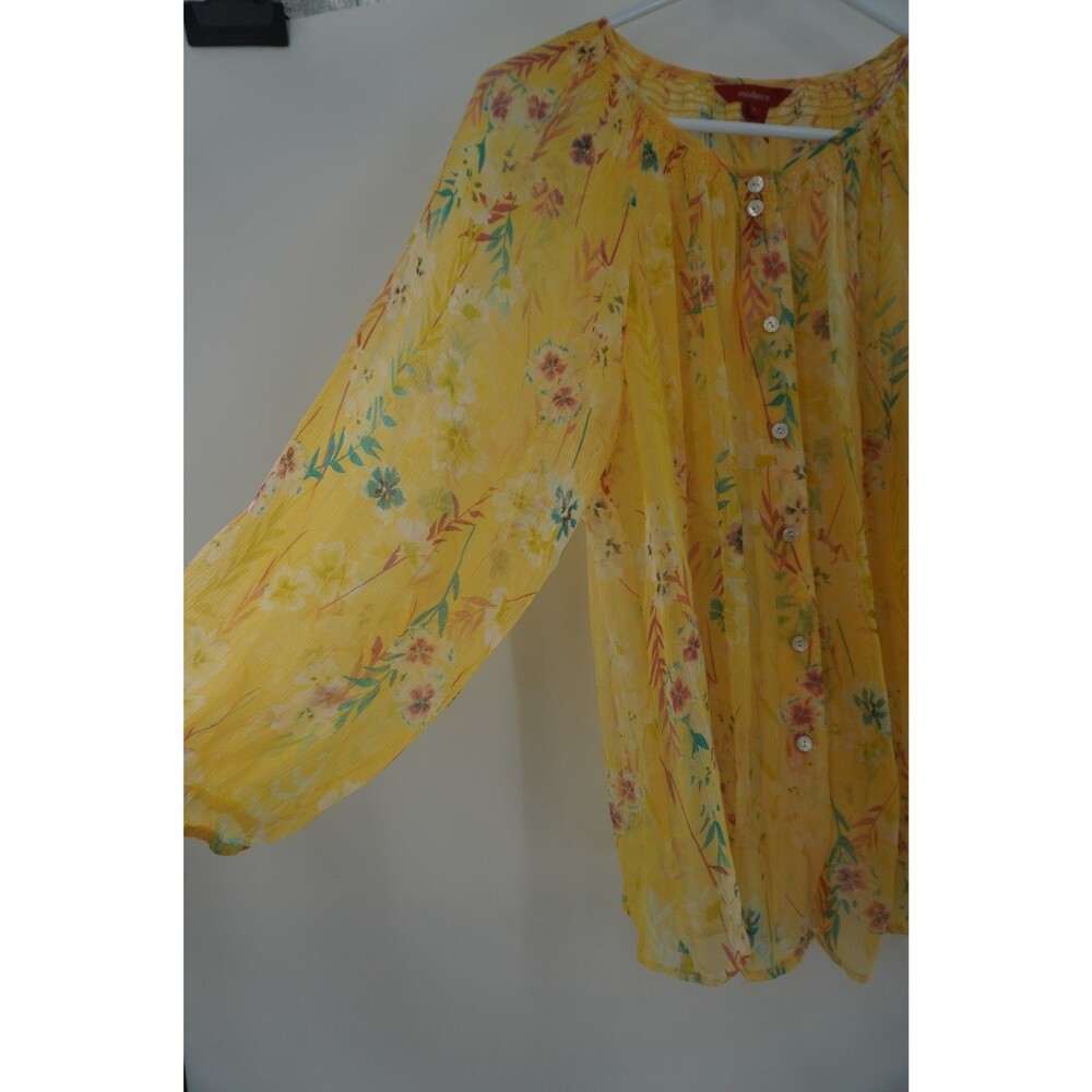 Sundance Yellow Floral Boho Peasant 100% Silk Smocked Neckline Blouse Size Large - Picture 4 of 7